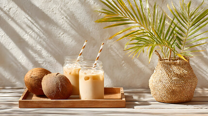Refreshing iced coffee drinks in glass jars with striped straws, accompanied by coconuts and a decorative plant on a wooden tray, showcasing a vibrant summer vibe. Selective focus