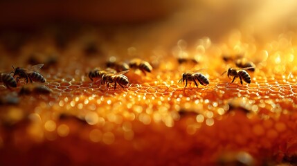 Golden honeycomb with bees, a glimpse into nature's perfect symmetry and teamwork.