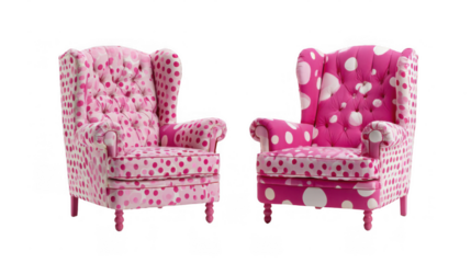Two pink armchairs with polka dots pattern, featuring classic design and playful aesthetics, are presented on a transparent background, ready for integration into various design projects