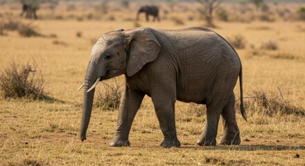 Fototapeta premium Young elephant walks across dry savanna grassland, other elephants visible in the background