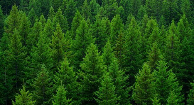 Dense evergreen forest, lush green canopy, uniform trees, aerial view