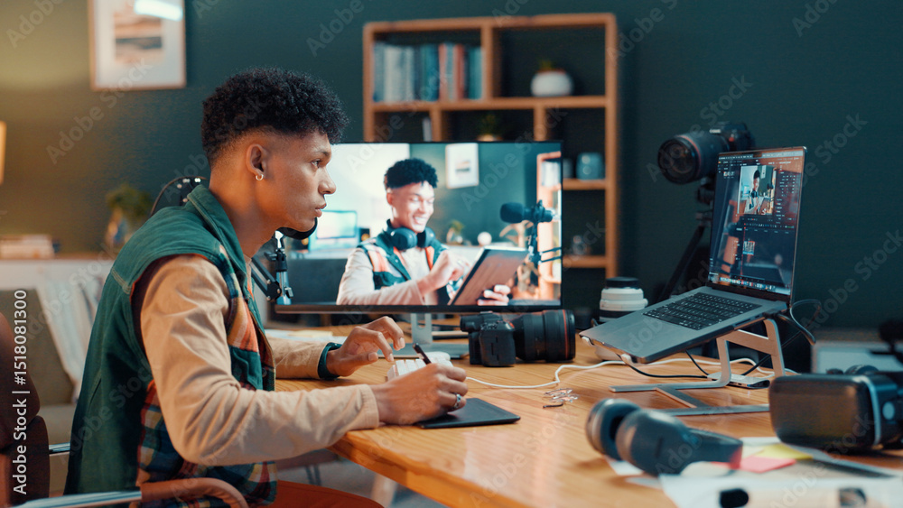 Poster Content creator, computer screen and man editing video on graphic tablet to broadcast tutorial. Influencer, camera and laptop for live streaming, recording guide and post production software in home
