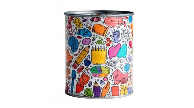 Metal tin can featuring vibrant back to school doodles of pencils, notebooks, and school supplies against a transparent background, creating a playful concept for educational projects - Powered by Adobe