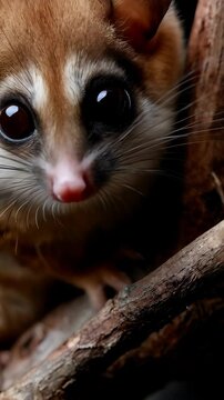 Close-up of a furry brown mouse lemur perched on a tree branch, looking directly at the camera with large eyes and whiskers