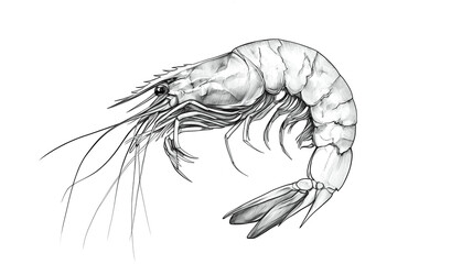 Seafood, shrimp prawn. Vintage retro print, black white seafood shrimp prawn sketch ink pencil style drawing, linear drawing, engrave old school. Sketch artwork shrimp prawn, seafood. Illustration