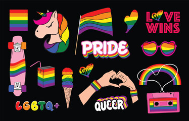 LGBTQ+ Pride Icons Set on Black Background