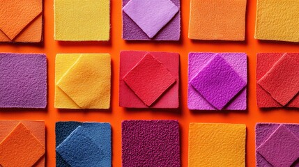 Fototapeta premium Colorful fabric swatches arranged in a grid pattern.