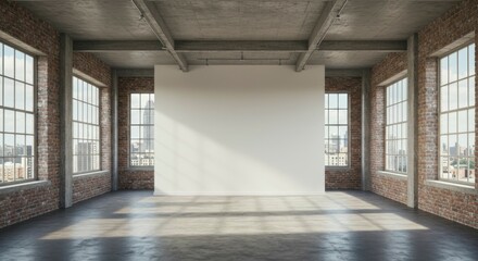 Spacious loft with exposed brick walls, large windows offering city views, and a blank wall ideal for artwork