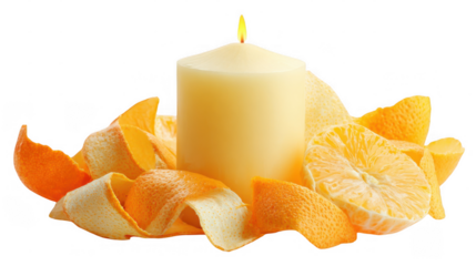 Burning candle is surrounded by fresh citrus peels, creating a warm and inviting atmosphere with transparent background, perfect for aromatherapy or decorative purposes