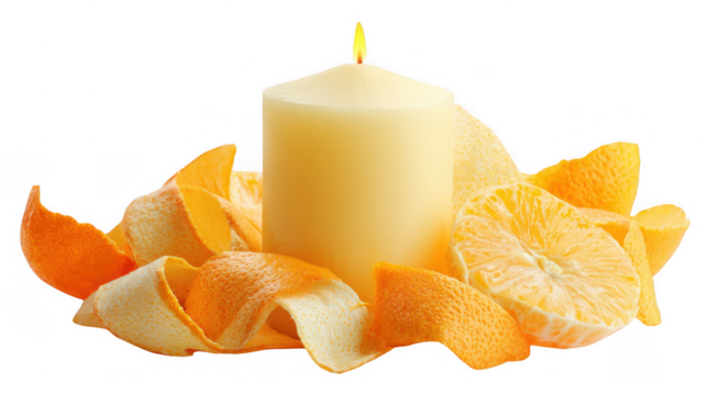 Burning candle is surrounded by fresh citrus peels, creating a warm and inviting atmosphere with transparent background, perfect for aromatherapy or decorative purposes