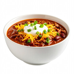 A delicious bowl of chili soup topped with cheese, sour cream, and green onions isolated on a transparent background for culinary delight, Transparent background PNG