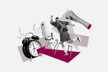 Contemporary image collage of employee man hurry arrow direction alarm clock expire deadline workplace boss hand fist gesture tension