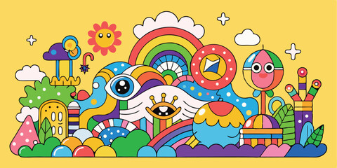 Fototapeta premium Colorful abstract cartoon illustration with rainbow and eye