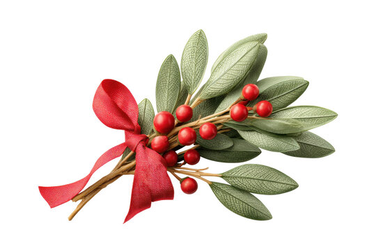 PNG Festive holly branch with red berries and ribbon decoration on black background