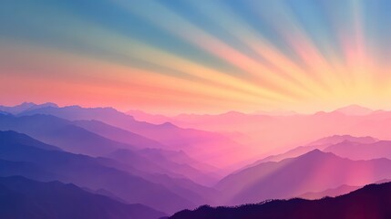 Fototapeta premium The sunrise over the mountain peaks casts pink and purple hues in the sky, creating a stunning natural beauty that is perfect for postcard or advertising design.