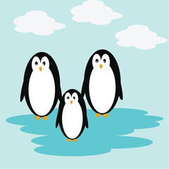 Cute cartoon penguins on snowy rocks in a winter wonderland of ice and snow