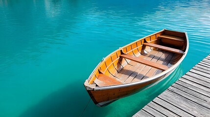 Obraz premium Wooden rowboat drifting on a tranquil turquoise lake