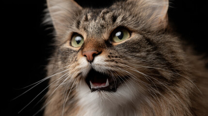 Fluffy cat caught mid sneeze with goofy expression