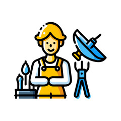 Fototapeta premium People standing on a building Wearing a mechanic's uniform and holding tools , Labor Day Vector 