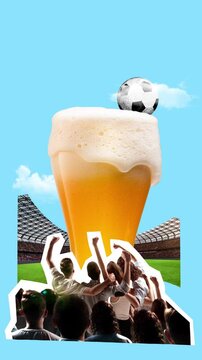 Stop motion. Animation. Football flying to huge mug of foamy beer standing on field and crowd of fans raising hands of joy on stages (people repeat). Concept of championship, fans, celebration, goal
