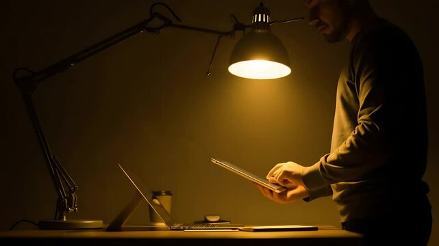 Man using a tablet under a warm desk lamp in a dimly lit room with a laptop and coffee cup nearby