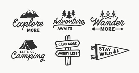 Outdoor adventure badge set with camping quotes and forest illustrations. Perfect for t-shirt designs, stickers, travel gear, or hiking-themed merchandise.	