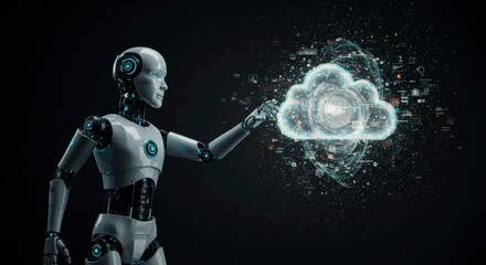 Fototapeta premium Futuristic robot interacts with a digital cloud