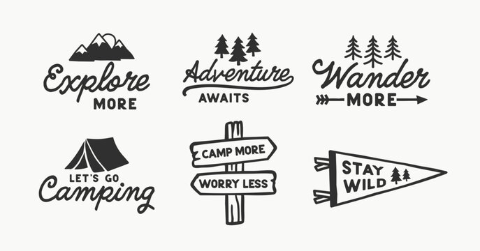 Outdoor adventure badge set with camping quotes and forest illustrations. Perfect for t-shirt designs, stickers, travel gear, or hiking-themed merchandise.	