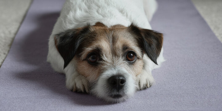 Dog lies on yoga mat in peaceful setting