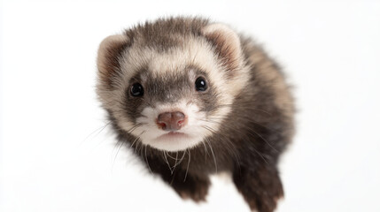 Ferret midair with funny expression on white background