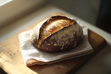 Artisan bread loaf on kitchen towel