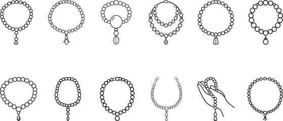 Collection of Outline Icons Depicting Rosary Beads and Religious Jewelry Designs

