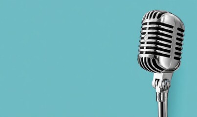 Fototapeta premium Vintage Microphone on Teal Background: Retro Audio Recording Studio