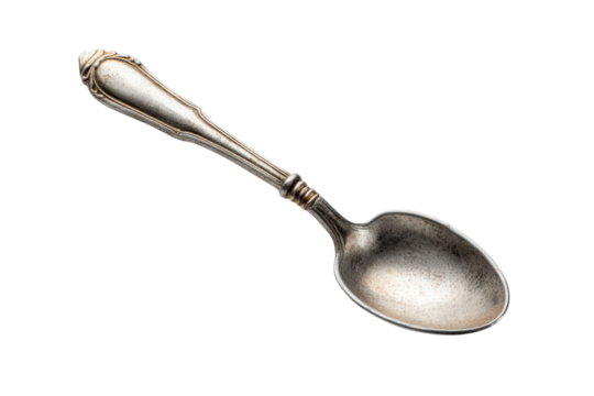 PNG Vintage silver spoon with ornate handle on black background