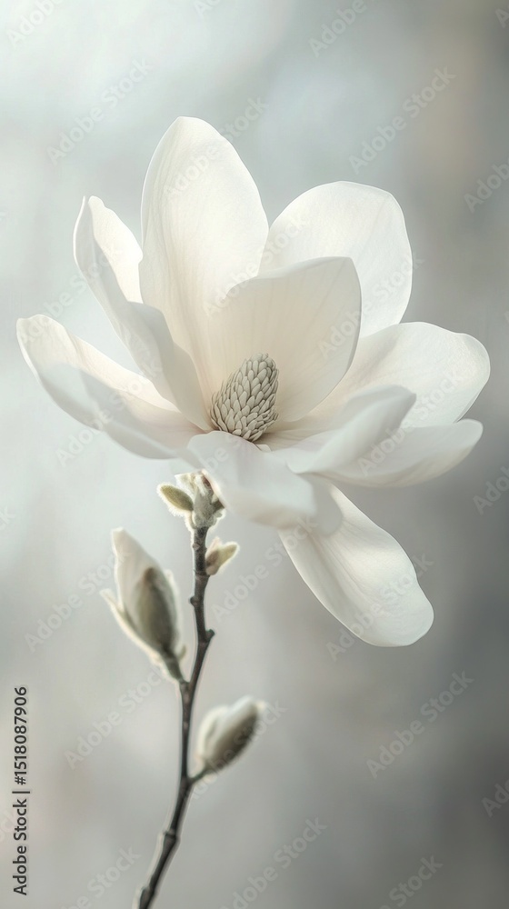 Poster a beautiful white magnolia flower is captured in a soft light, showcasing its delicate petals and in