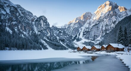 Fototapeta premium Snowy mountain lake with wooden cabins