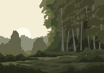 Hand drawn forest morning landscape illustration