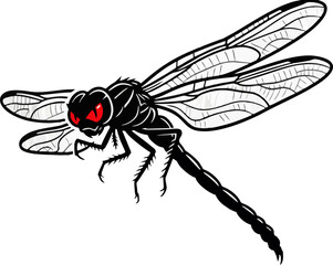 Fierce Black Dragonfly with Detailed Wings and Glowing Red Eyes