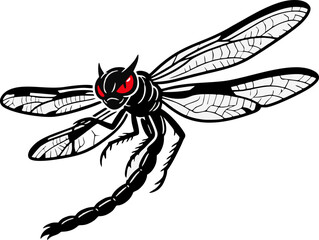 Fierce Black Dragonfly with Detailed Wings and Glowing Red Eyes