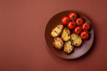 Food, potatoes cut in halves or slices grilled. Cooked baked potatoes