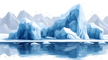 Modern Flat 2d Vector Artwork Featuring a Minimalist Iceberg Scene with Frozen Floes and Shimmering Icicles in an Elegant Blue Monochrome Palette