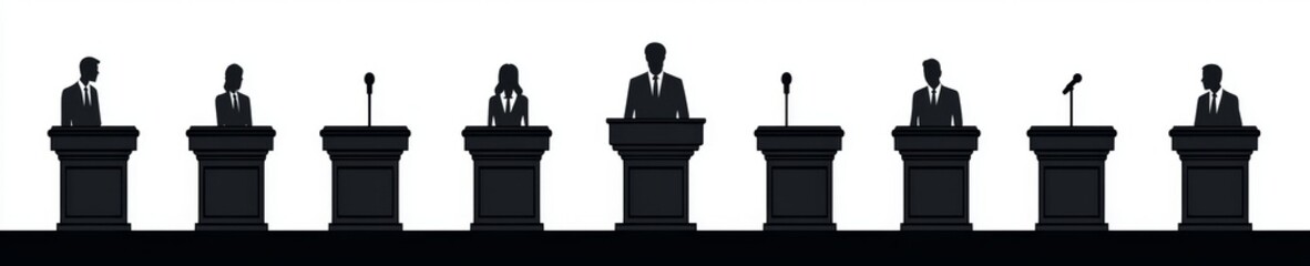 A creative illustration of a tribune podium in silhouette form is set against a transparent background and includes microphones