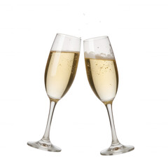 Two elegant champagne flutes clinking together, festive celebration, elegance and joy, perfect for events and toasting. Isolated on white background or PNG