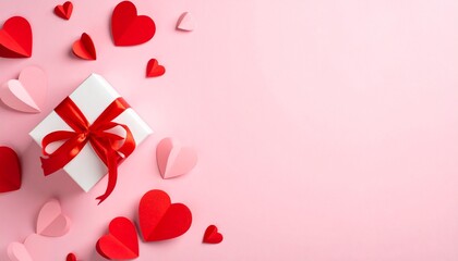 Minimalist Valentine’s Day Flat Lay with Hearts and Gift Box on Pink Background