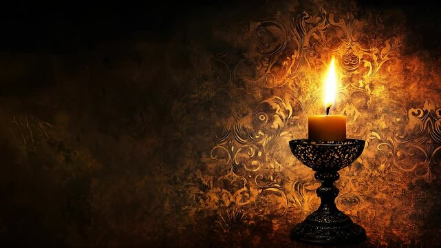 Glowing candle flame illuminating a decorative ornate patterned dark background