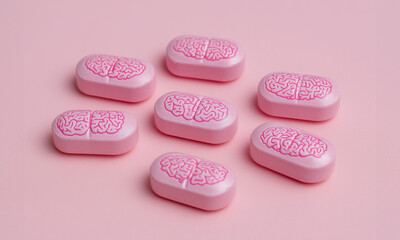 pink pills with brain printed on the top, smart memory enhancement themes