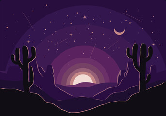 Fantasy desert night sky illustration with moon and stars