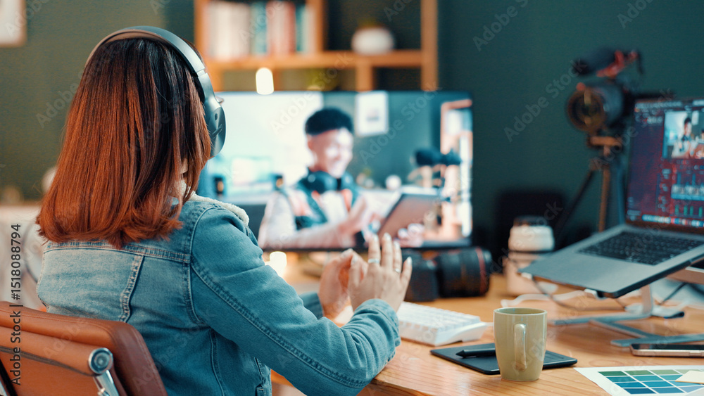 Poster content creator, headphones and woman editing video on computer screen to broadcast tutorial. influe