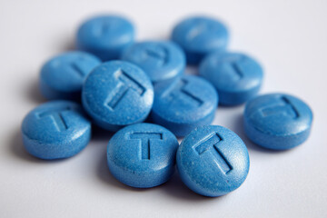 small blue pills with T embossed on each, testosterone themes