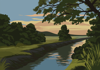 Sunset scenery illustration with river and trees